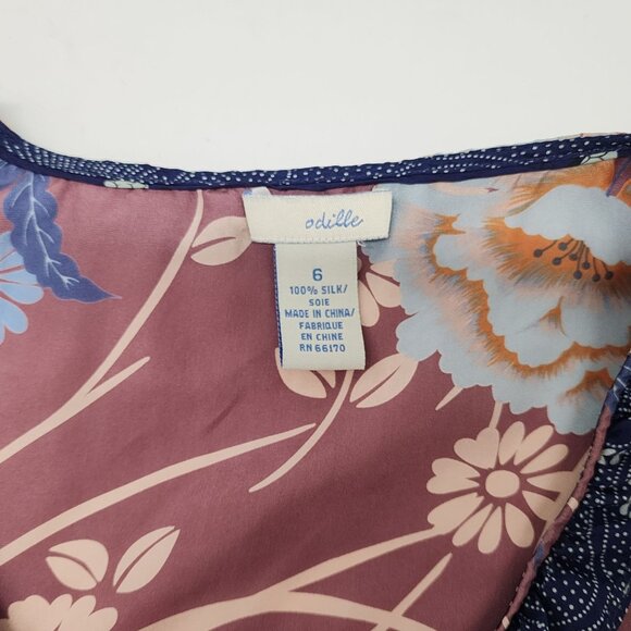 Odille Floral Print Silk Top With Ruffle Trim & Cap Sleeves Size 6 - Picture 2 of 7